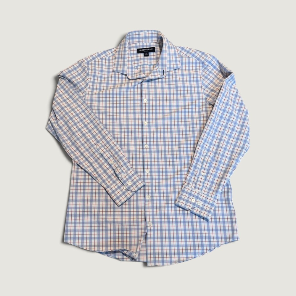 Mizzen+Main Leeward Men's Large Trim Fit Blue Red Plaid Dress Shirt